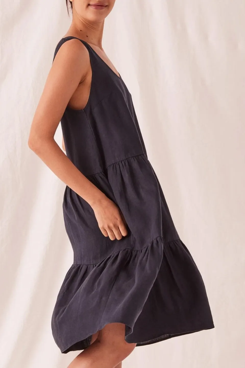 Tiered True Navy Linen Dress