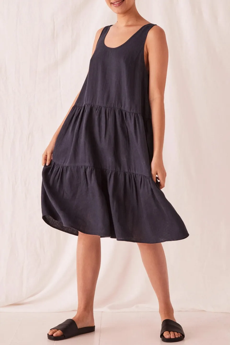 Tiered True Navy Linen Dress