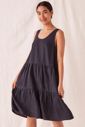 Tiered True Navy Linen Dress