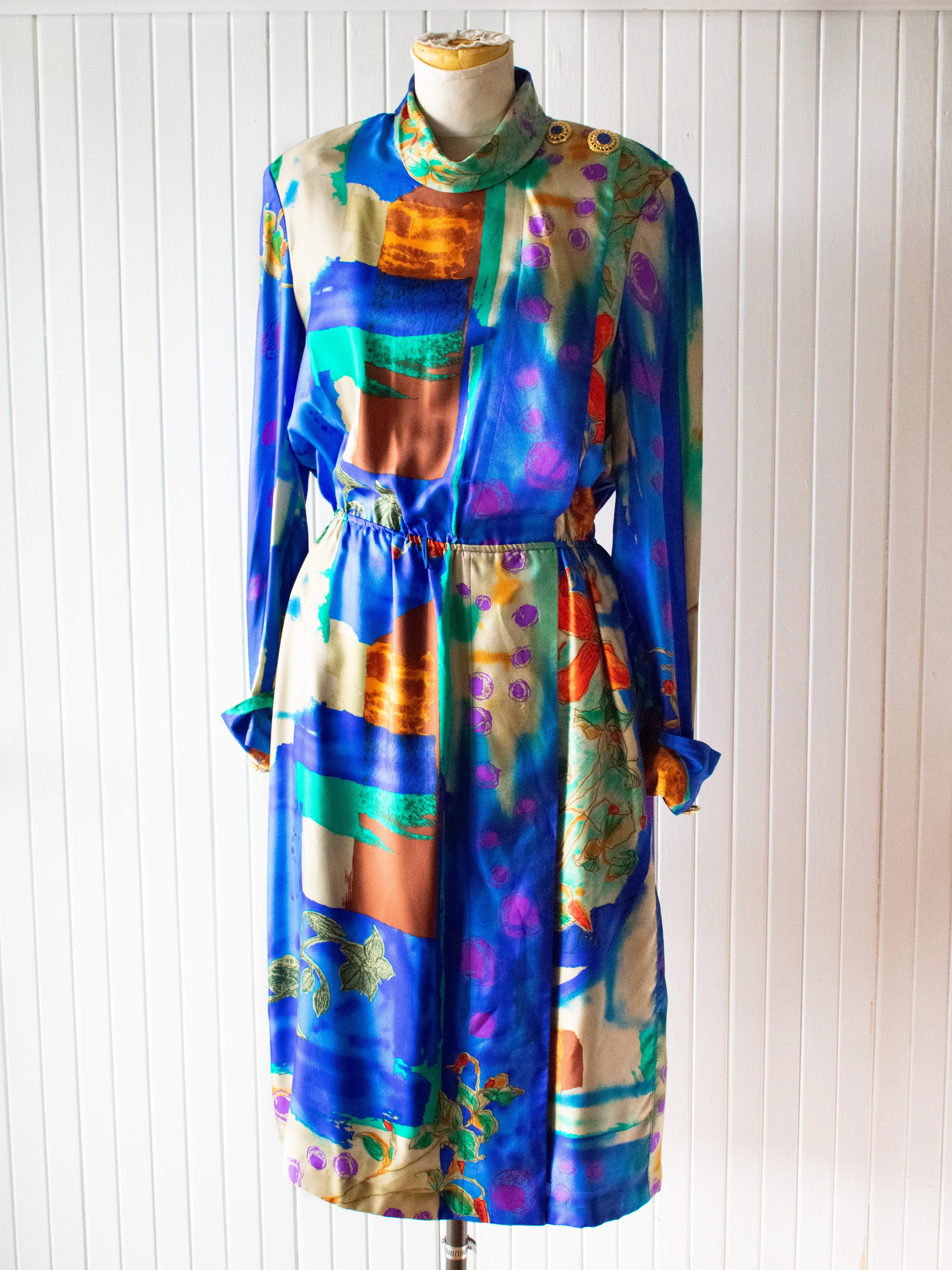 Vintage 1980s Silk Maximalist Print Dress Large