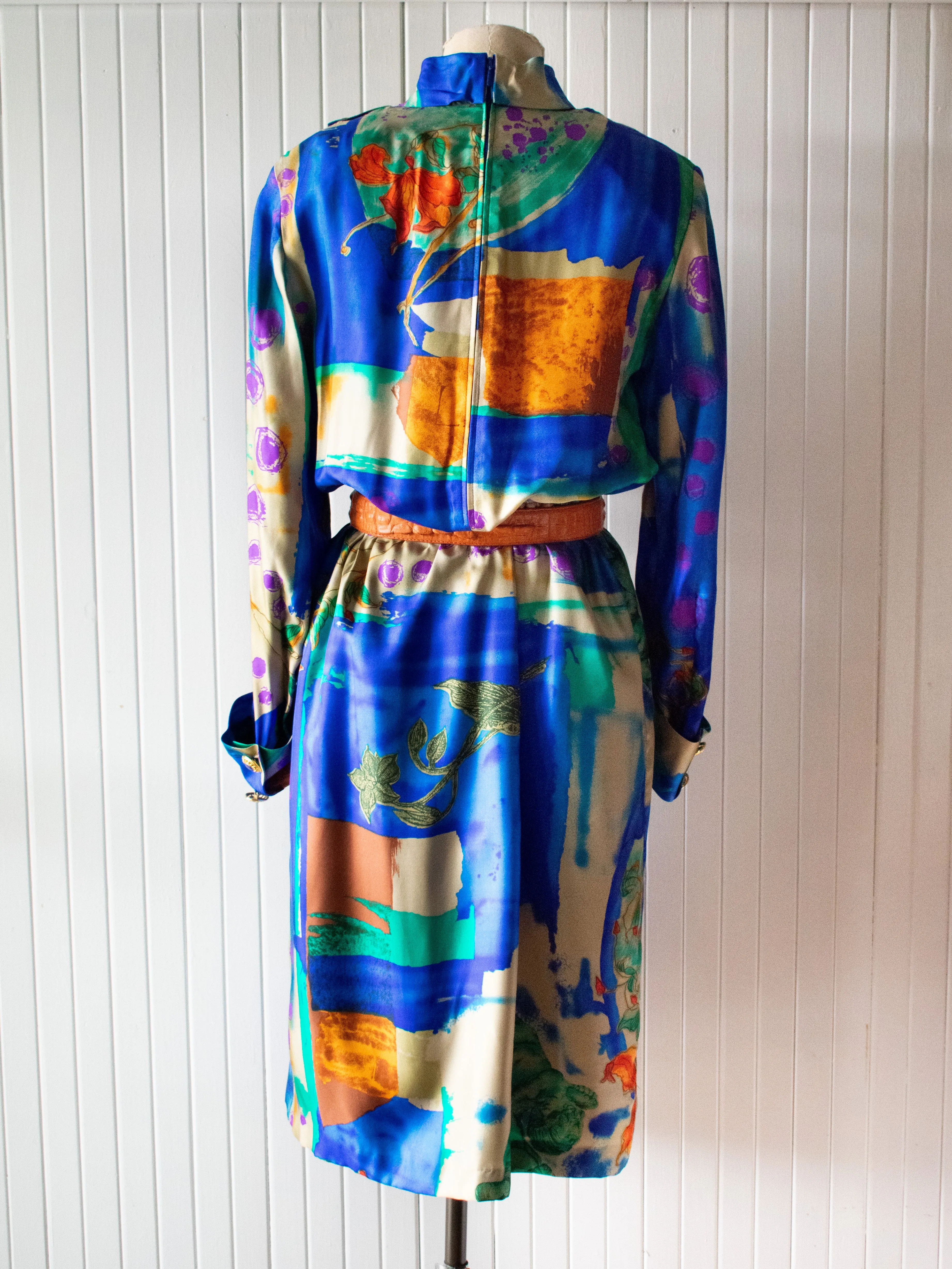 Vintage 1980s Silk Maximalist Print Dress Large