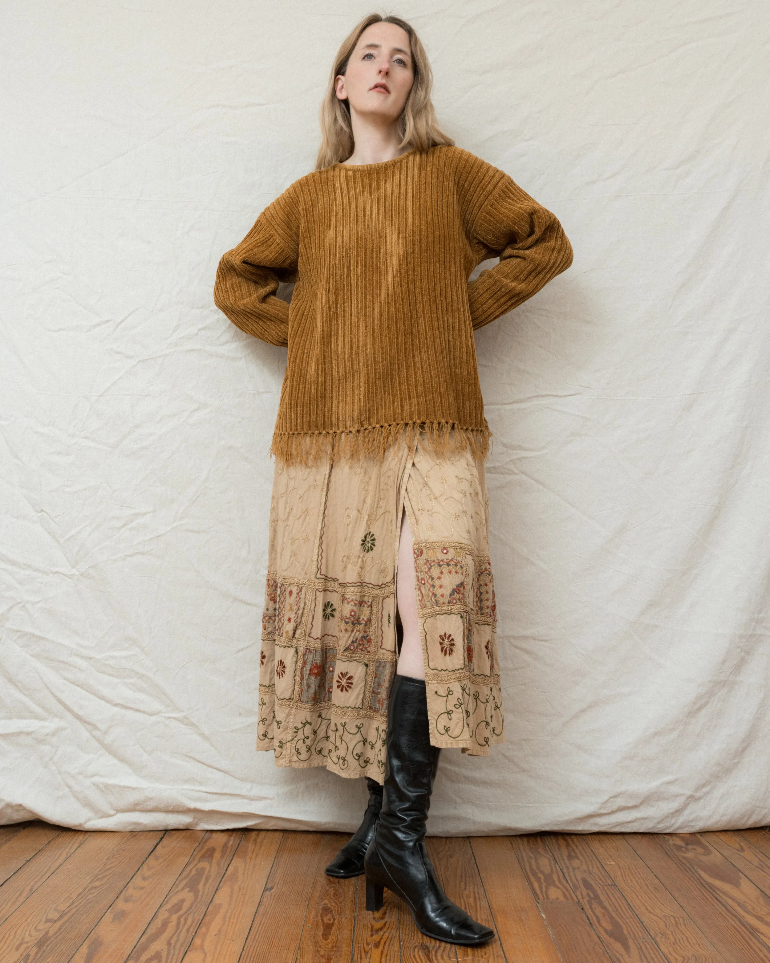 Vintage Caramel Chenille Fringe Sweater (S/M)