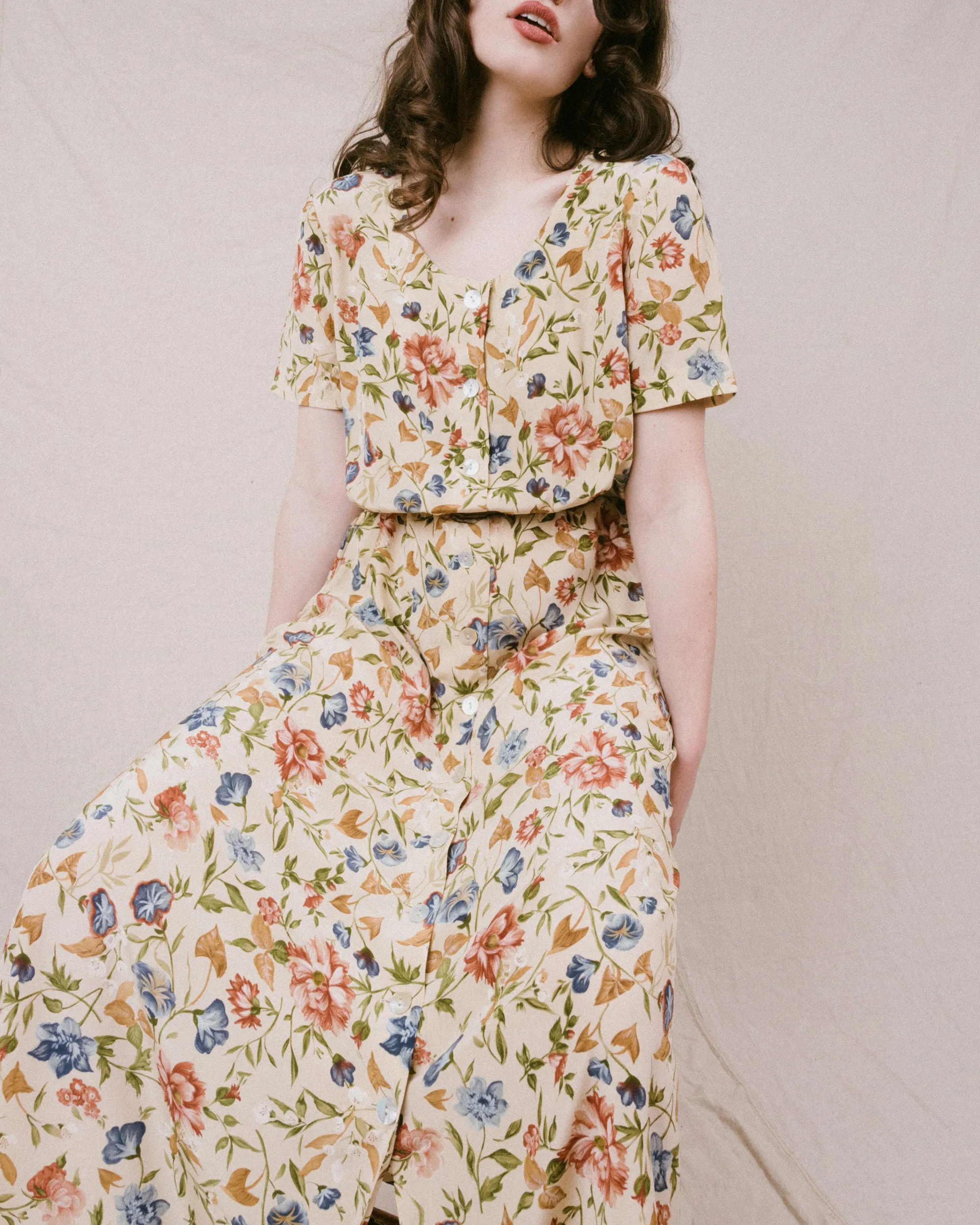 Vintage Floral Silk Dress (S/M)