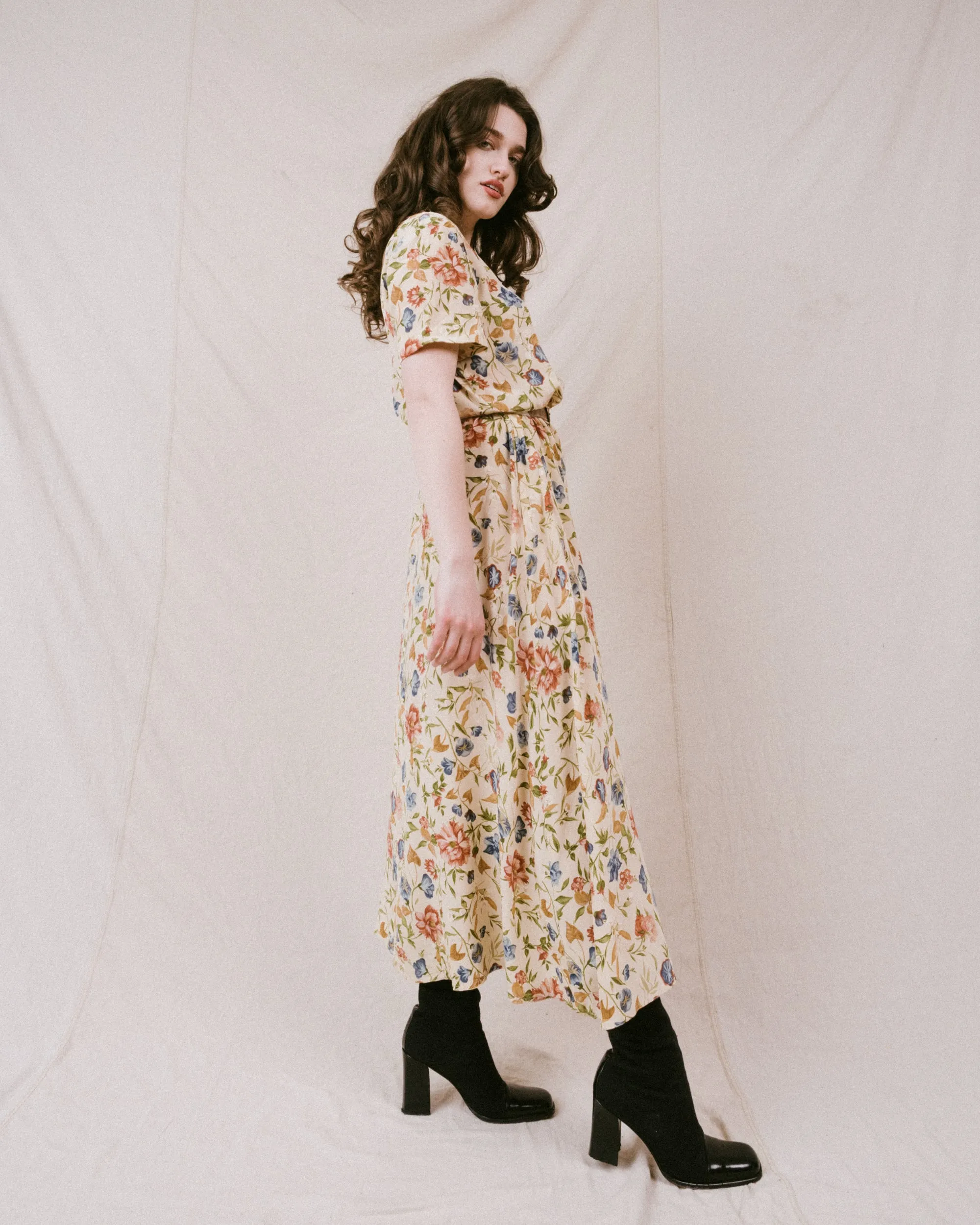 Vintage Floral Silk Dress (S/M)