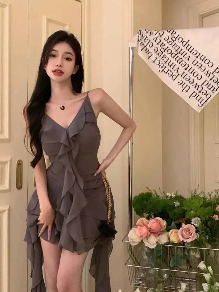 Wenkouban Women's Gothic Ruffles Fairy Dress, Sleeveless, V-Neck Bandage, Sexy Mini Dress, Hot Girl, Club Party, Summer, 2022