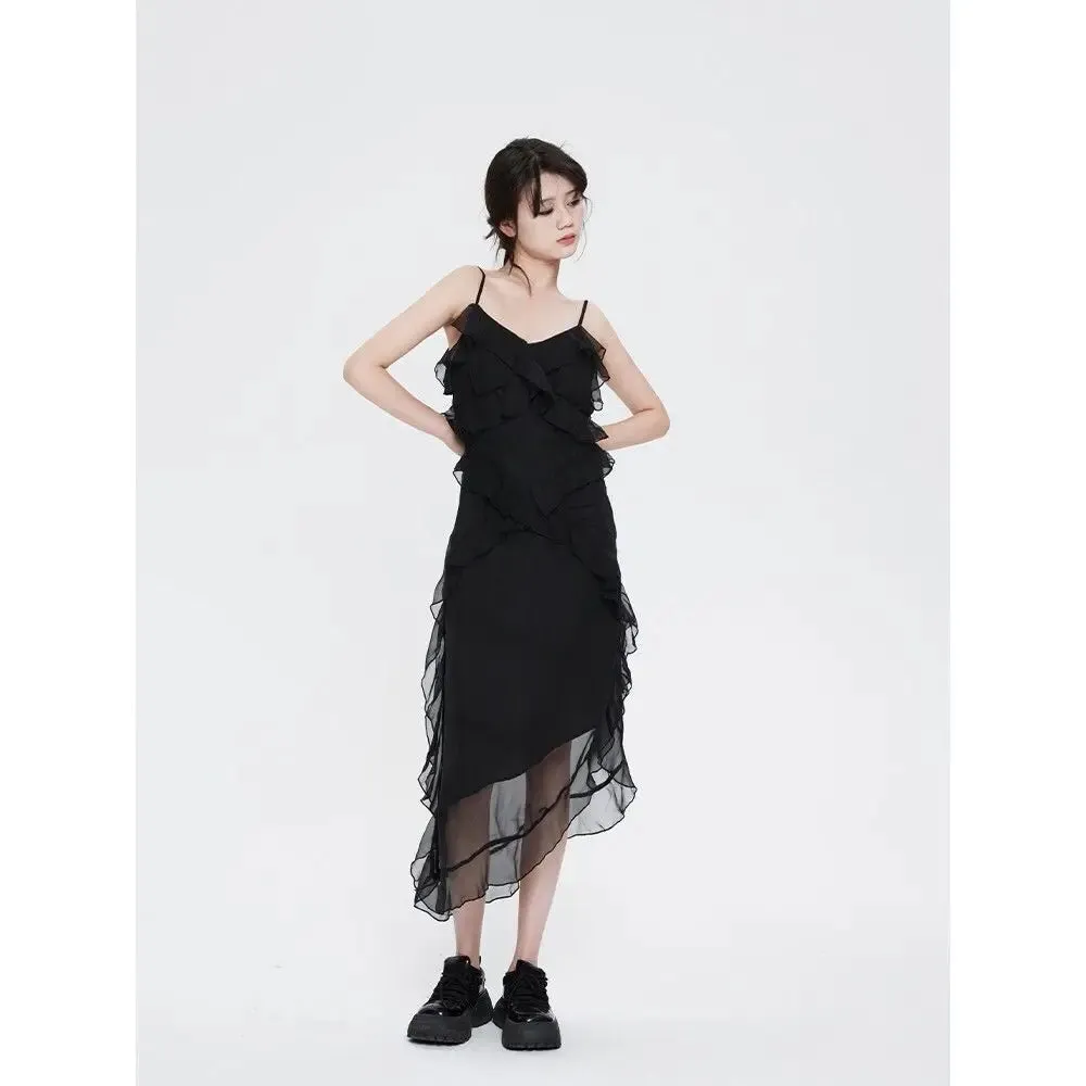 Wenkouban Women's Gothic Ruffles Fairy Dress, Sleeveless, V-Neck Bandage, Sexy Mini Dress, Hot Girl, Club Party, Summer, 2022