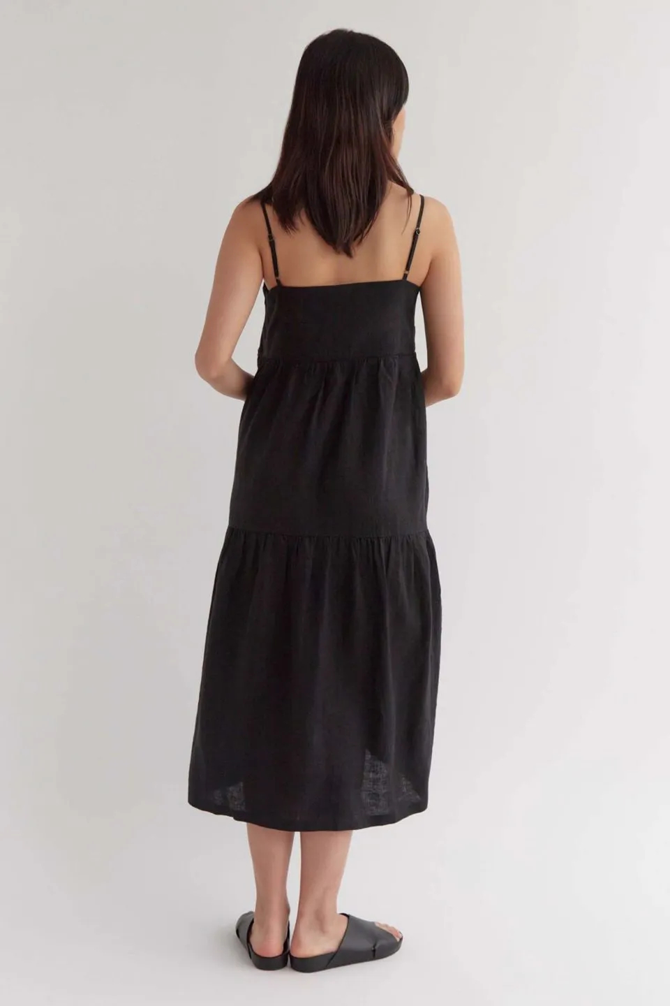 Willow True Black Strappy Tiered Midi Linen Dress