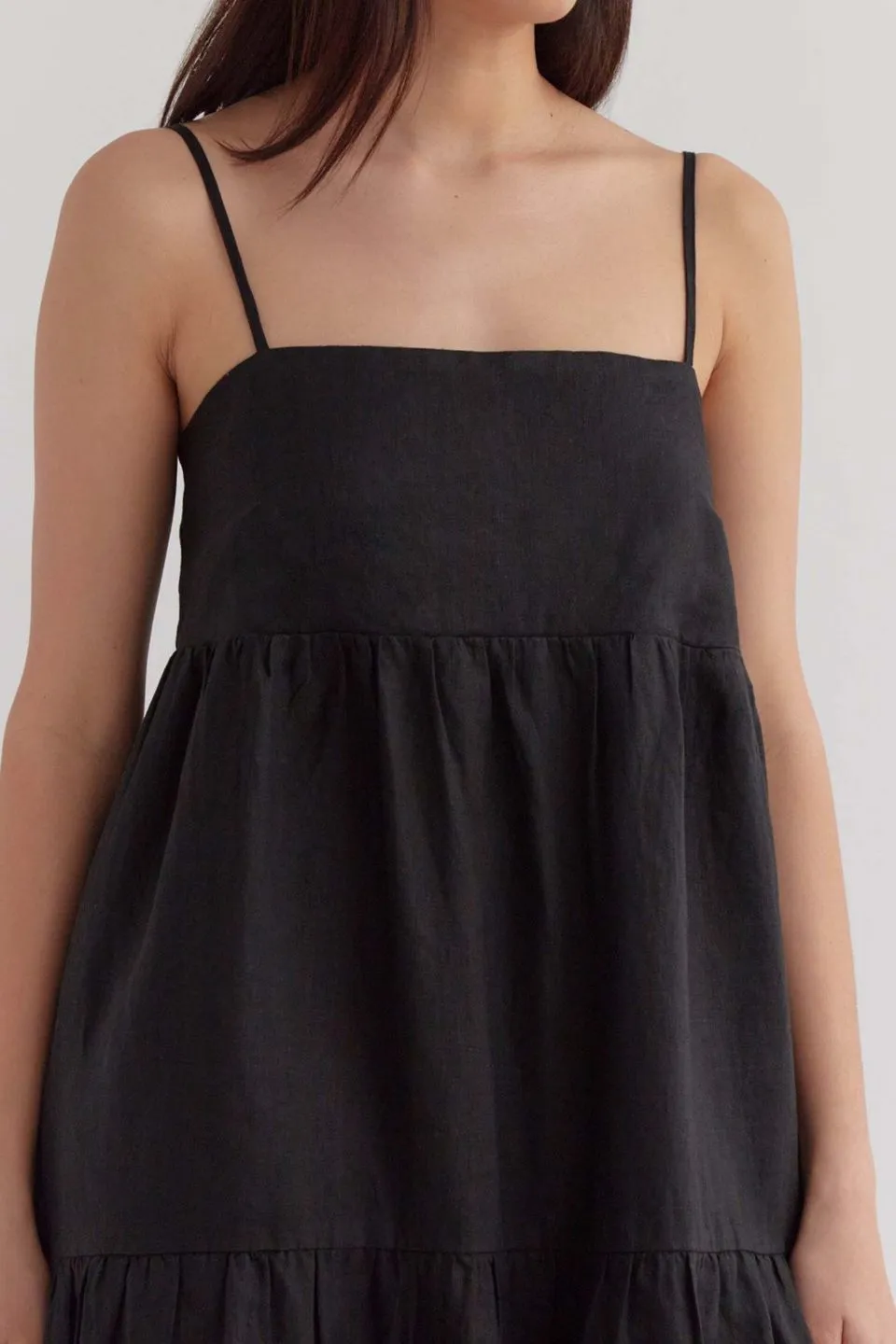 Willow True Black Strappy Tiered Midi Linen Dress