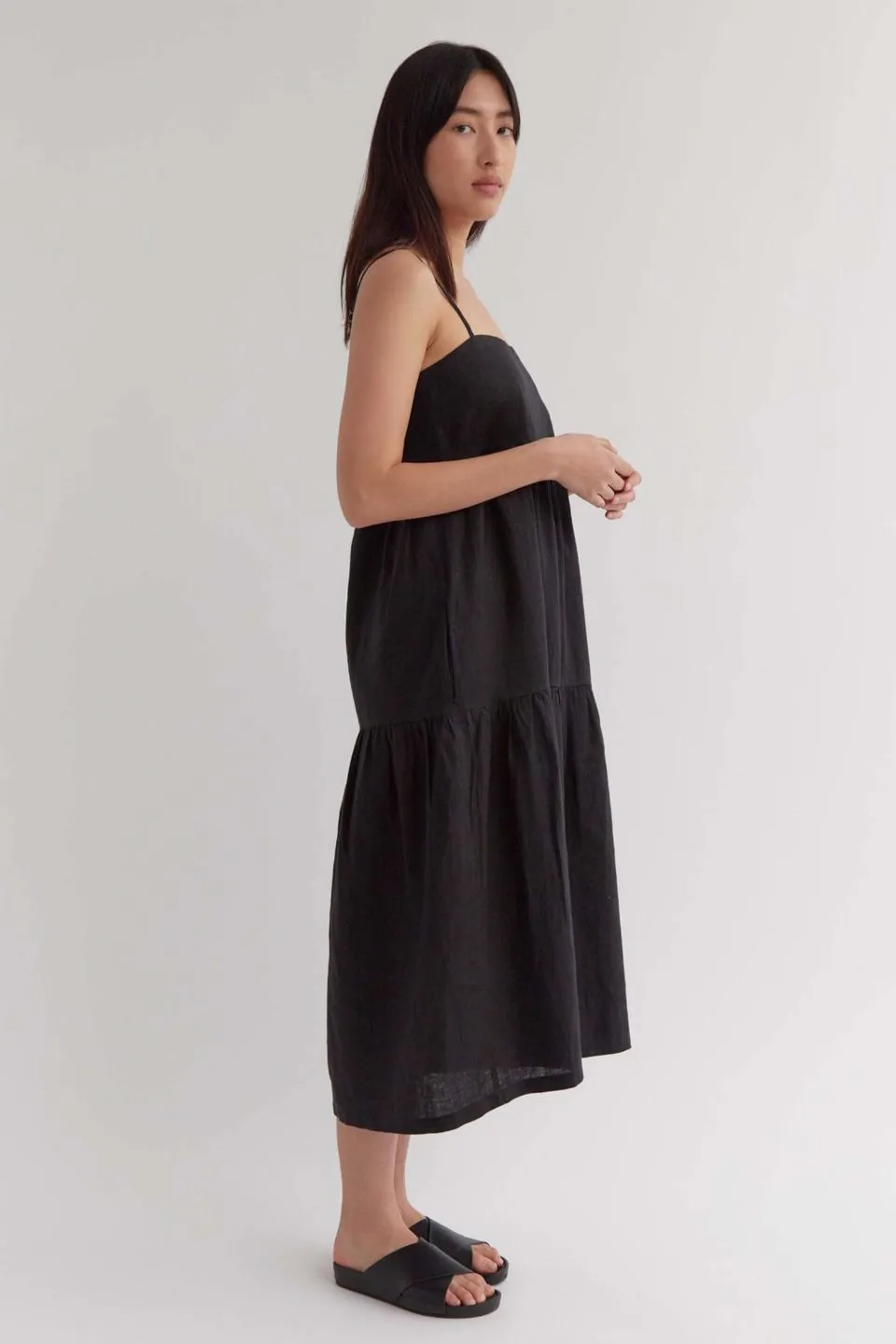 Willow True Black Strappy Tiered Midi Linen Dress