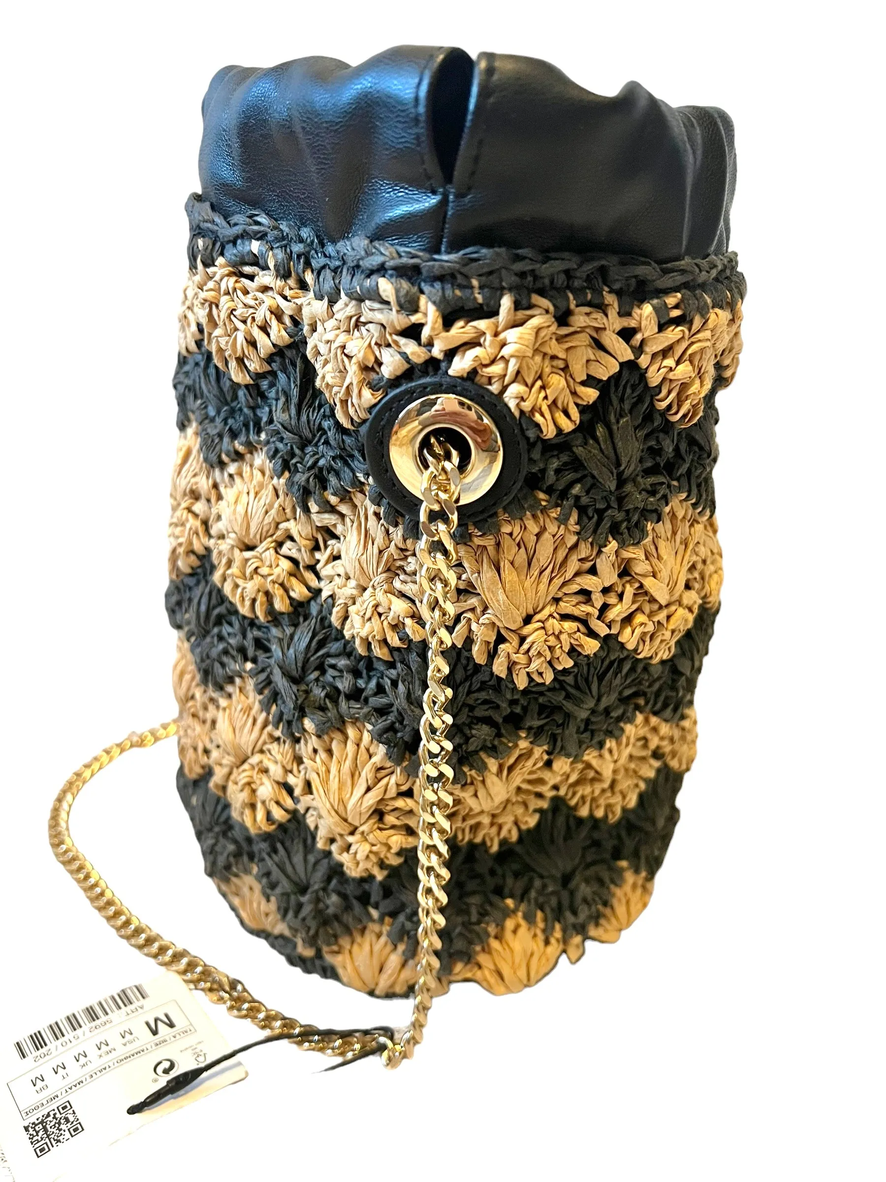 Zara Contrasting Raffia Mini Drawstring Chain Bucket Bag