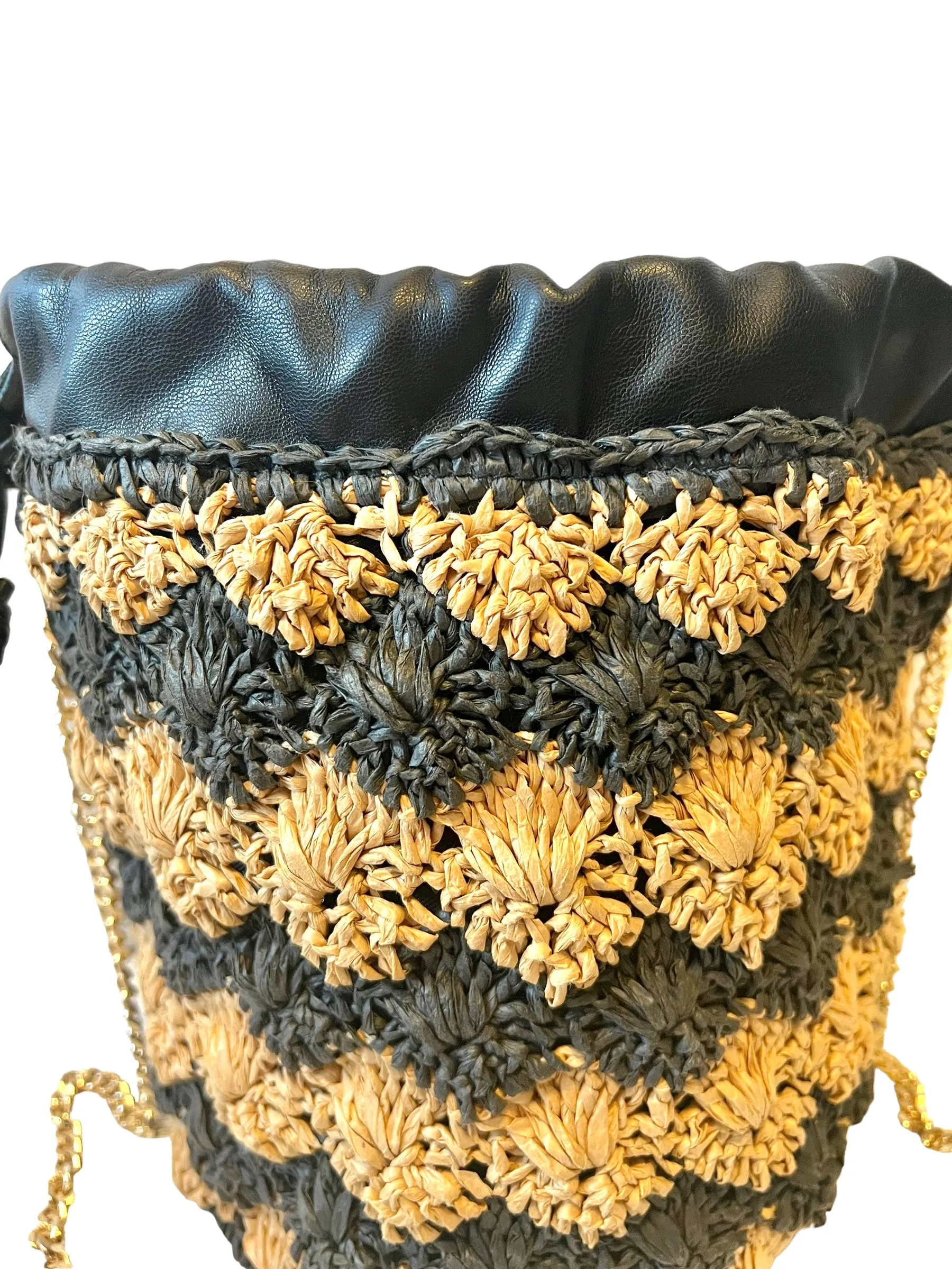 Zara Contrasting Raffia Mini Drawstring Chain Bucket Bag